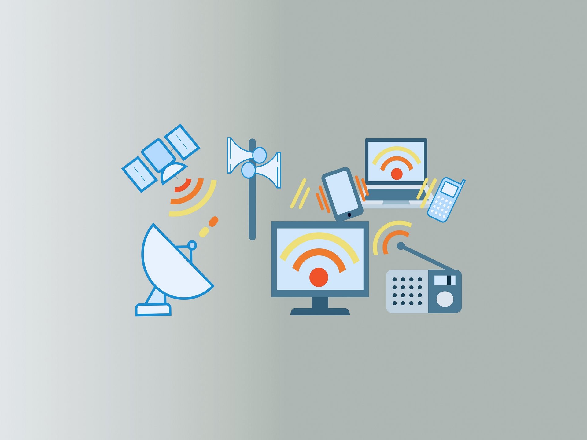 Übersicht verschiedener Warnmittel wie Sirenen, Smartphones, Fernsehen und das Radio